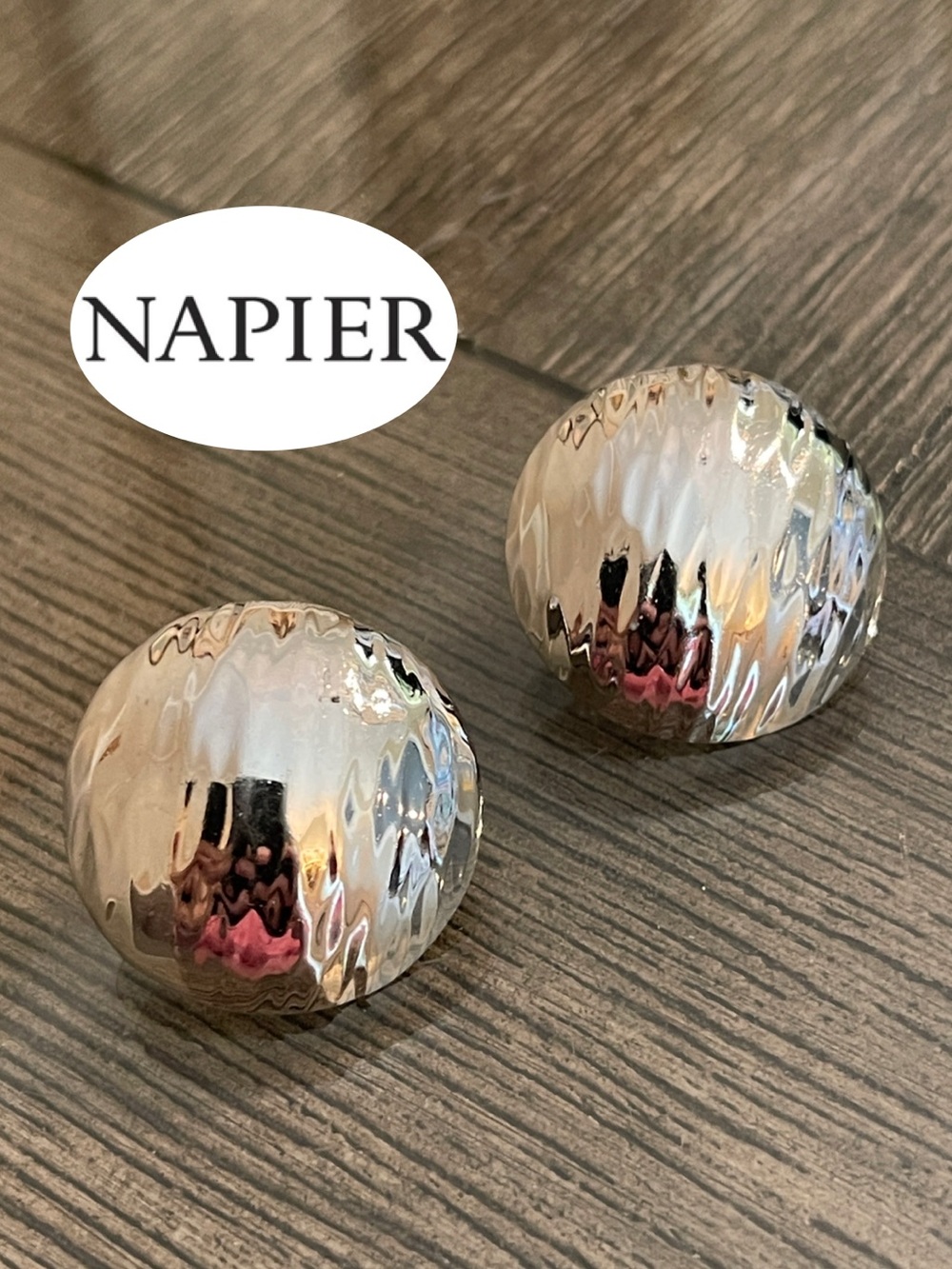 Vintage Napier Texted Silver-tone Domed Button Earrings